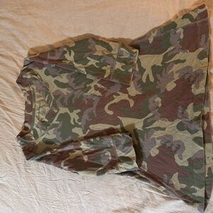 Norma Kamali Green Camouflage Classic V Neck Tee